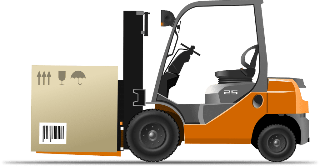 Illustration of a forklift carrying a box.