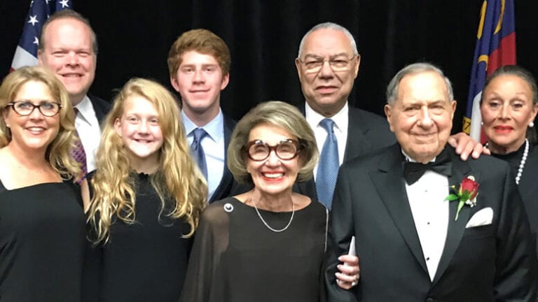 Gorman’s chairman Bernie Moray, second from left, meets with former Secretary of State Colin Powell, third from left, before last month’s American Home Furnishings Hall of Fame induction ceremony in Greensboro, N.C. From right to left, Monica Moray, John Moray, Livia Moray, Jared Pazner, Muriel Moray, Powell, Moray and Susan Moray.