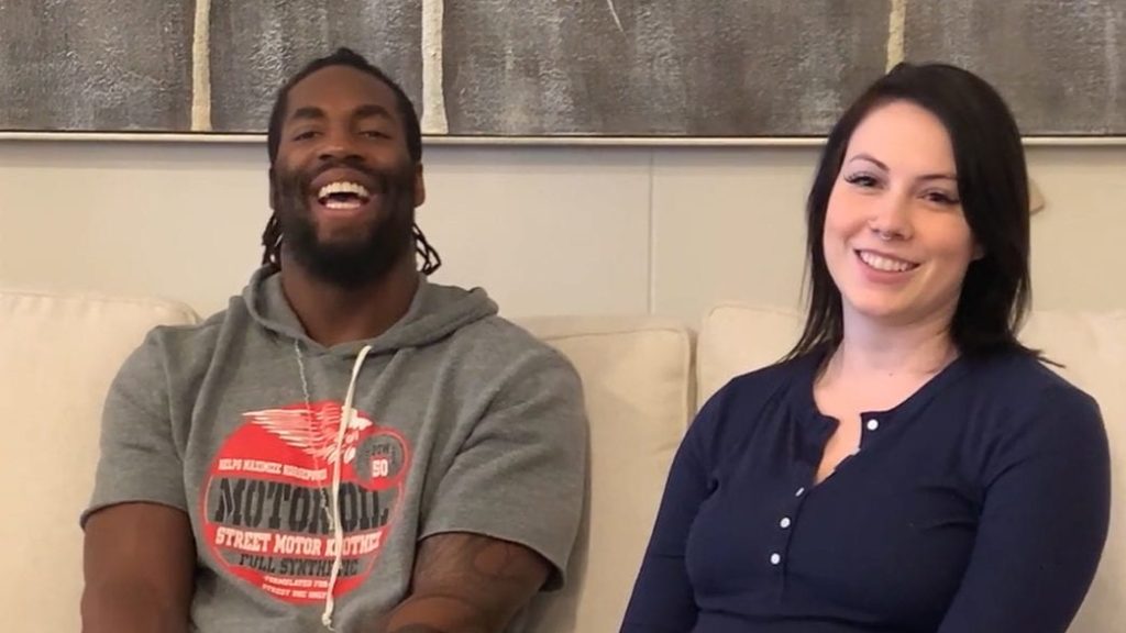 Photo shows Matt and BreighAnn Judon on a sofa