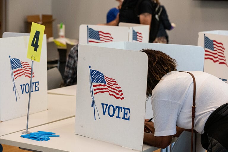 Image shows a woman voting