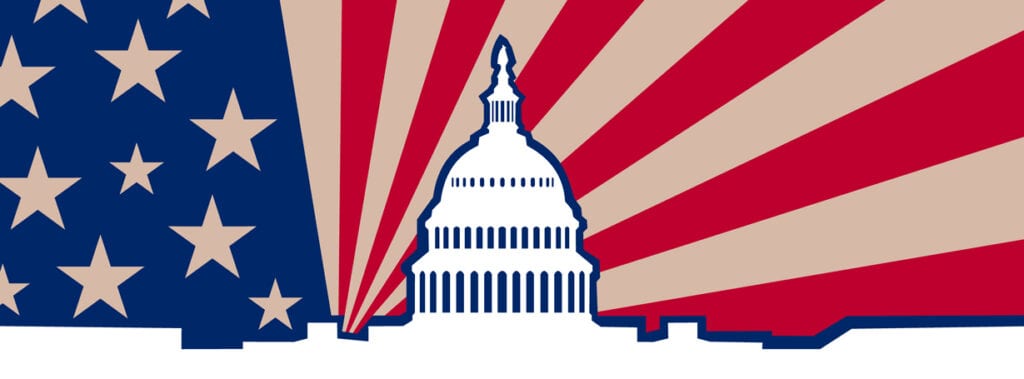 illustration of US Capitol with flag behind it
