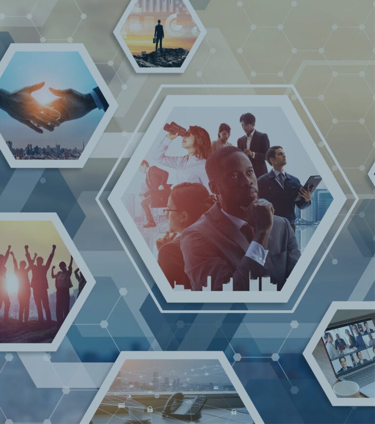 Digital design with hexagon images. These images include handshake and groups of people
