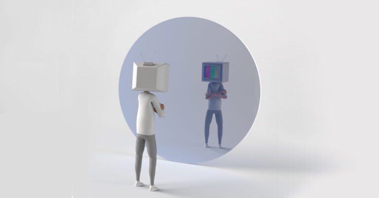 Man with a computer head looking into a mirror seeing his reflection
