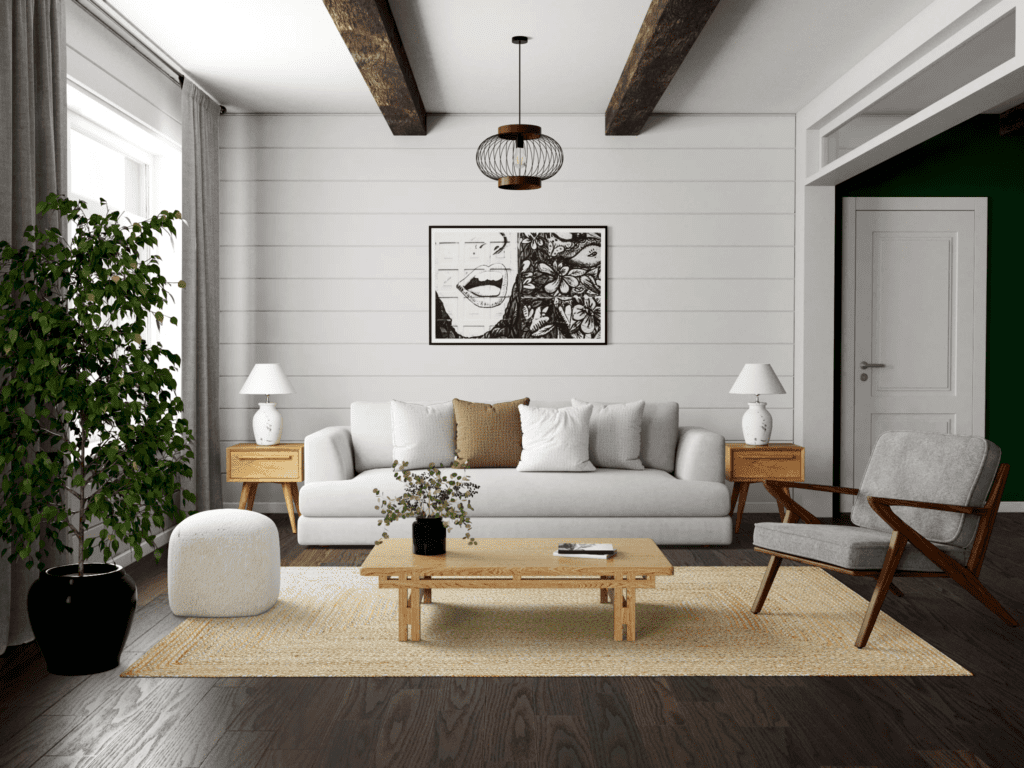 Contemporary Living room set with white walls, table and plants.