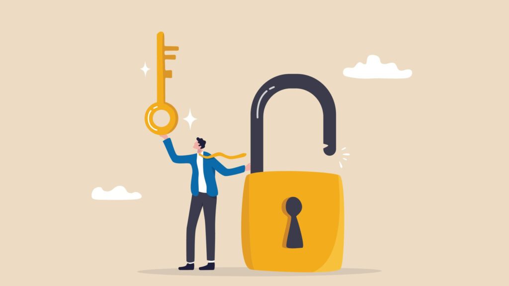 Graphic of person holding key next to a big lock