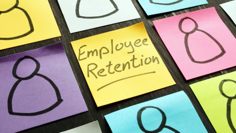Sticky note gride of people with the Employee Retention in the middle.