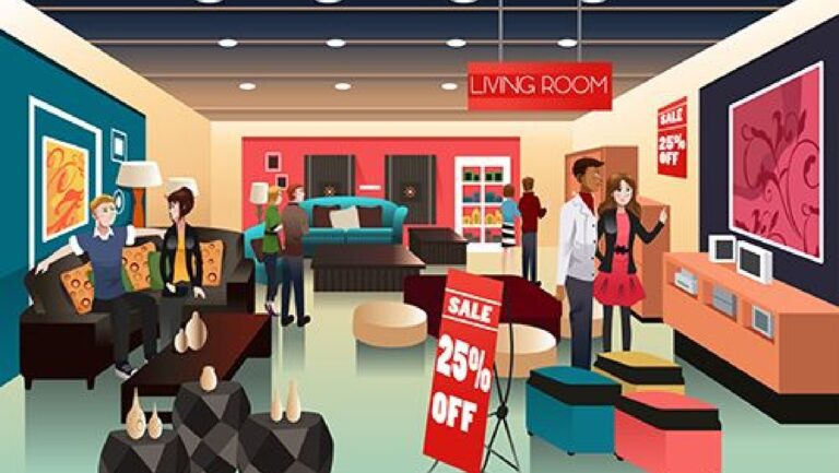 A vector illustration of people shopping in a furniture store
