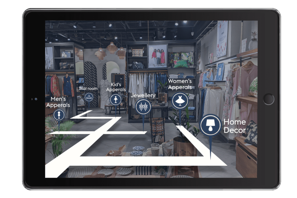 AR Navigation of a furniture store on a tablet.