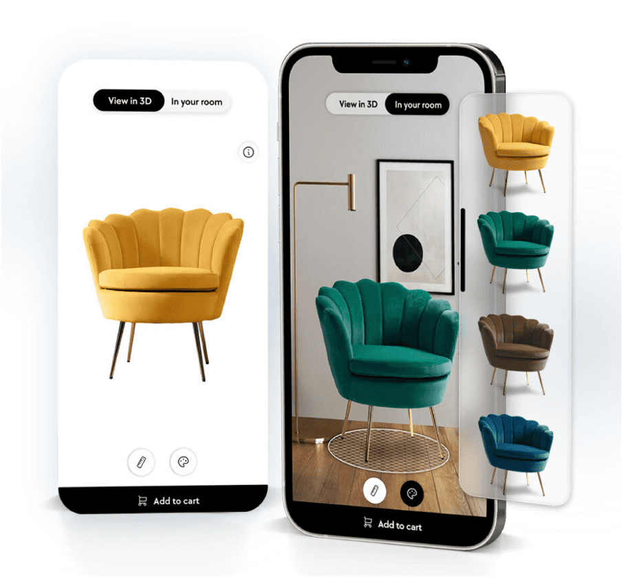 A display of a chair in several colors in a room on a phone.
