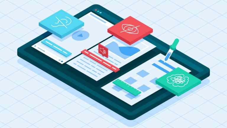 This colorful isometric illustration depicts digital accessibility, access to websites, digital tools and technologies, by people with disabilities