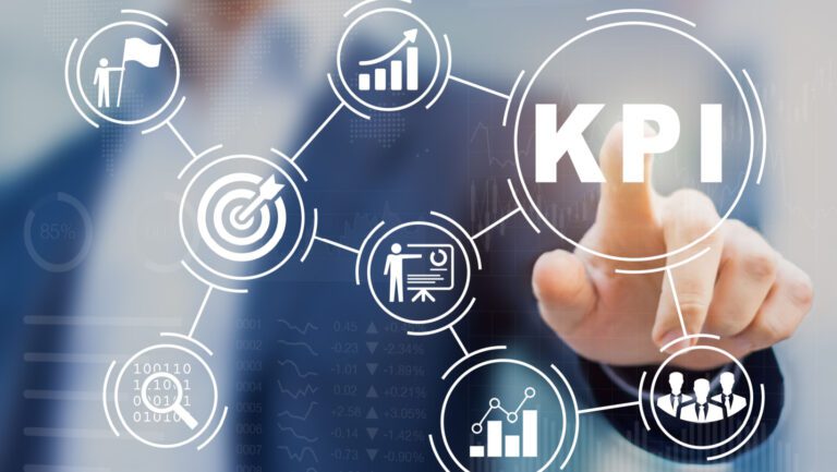 Key Performance Indicator (KPI) using Business Intelligence (BI) metrics to measure achievement versus planned target, person touching screen icon, success