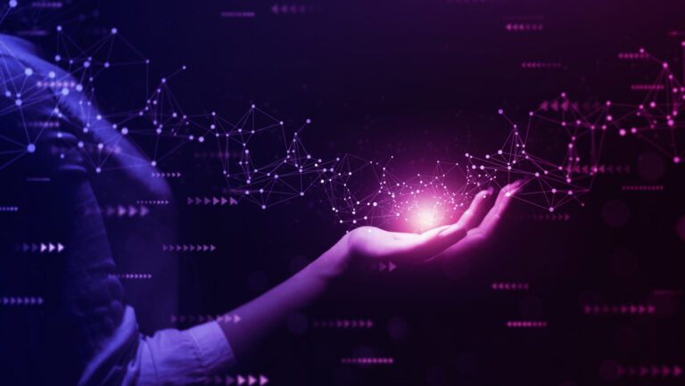 Metaverse Virtual Technology.Woman hand holding global network connection. Internet communication, Wireless connection technology. Futuristic technology with polygonal shapes.