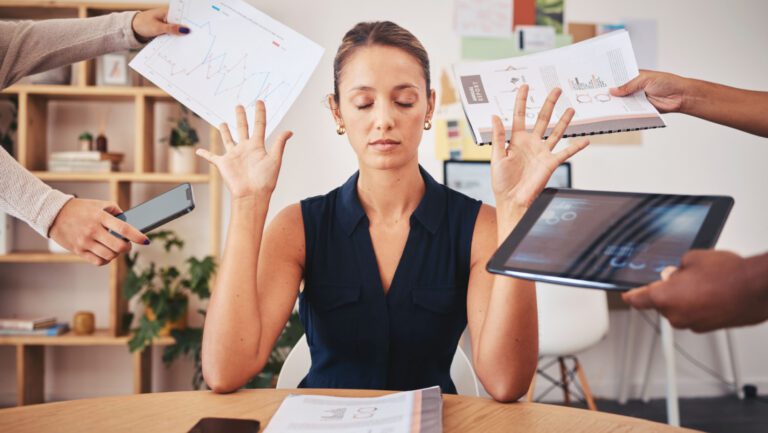 Burnout, stress and business woman overworked from too much, work overload and pressure marketing corporate company. Time management, frustrated and tired employee in digital agency office building