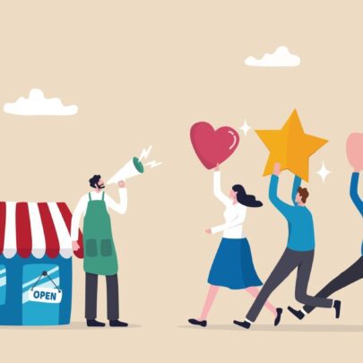 Customer loyalty or retention, marketing strategy for return customer, CRM to increase sale and satisfaction concept, store owner with megaphone tell loyalty customers with brand positive feedback.