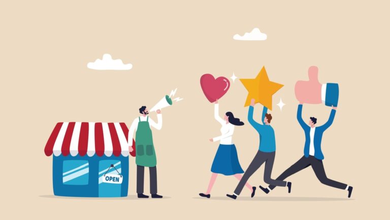 Customer loyalty or retention, marketing strategy for return customer, CRM to increase sale and satisfaction concept, store owner with megaphone tell loyalty customers with brand positive feedback.