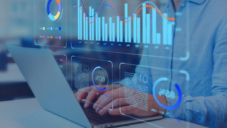 Analyst working on business analytics dashboard with KPI, charts and metrics to analyze data and create insight reports for executives and strategical decisions. Operations and performance management.