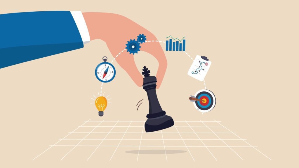 Strategic planning, tactic or strategy to win business competition, marketing analysis or challenge to achieve target, decision based on information concept, businessman hand on strategic chess king.
