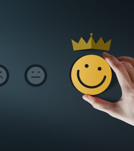 Customer Loyalty Concept. Client Experiences. Happy Customer giving Positive Services Rating for Satisfaction present by Smiling Face and Crown