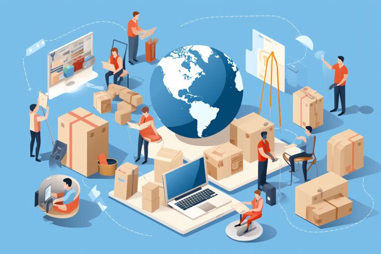 Cartoon rendering of people multi-tasking in the global supply chain.