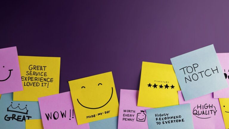 Customer Experience Concept. Happy Clients stick Many Sticky Notes with Positive Review on Board. Feedback for Satisfaction Surveys.