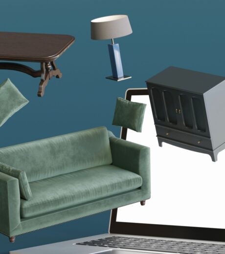 Online Merchandising. Furniture pieces flying out of a computer.