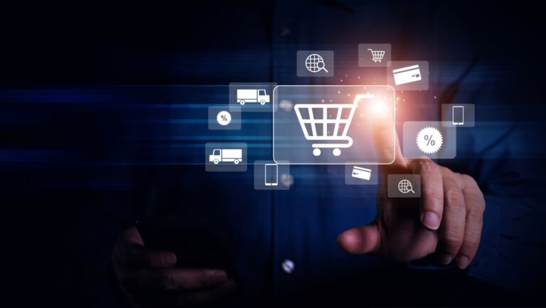 Businessman or customer add products to card while online shopping at store. e-commerce marketing supplier offer discount free shipping delivery to home. Marketplace platform digital marketing concept