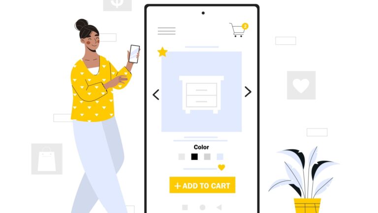 Add furniture to cart. Online shopping and home delivery. Young girl with smartphone chooses table. Buying goods for living room. Digital remote purchases on internet. Cartoon flat vector illustration