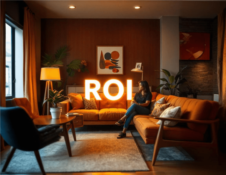 The words ROI shining bright in a furniture store group setting.