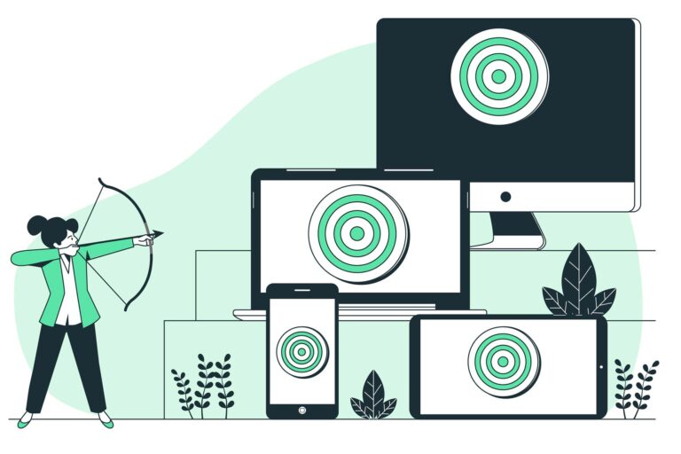 illustrated graphic of woman shooting a bow and arrow at different marketing tools, phone, computer, ipad. Created by Freepik.com