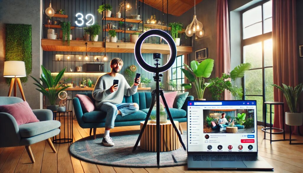 Social media influencer recording videos on his phone about interior design