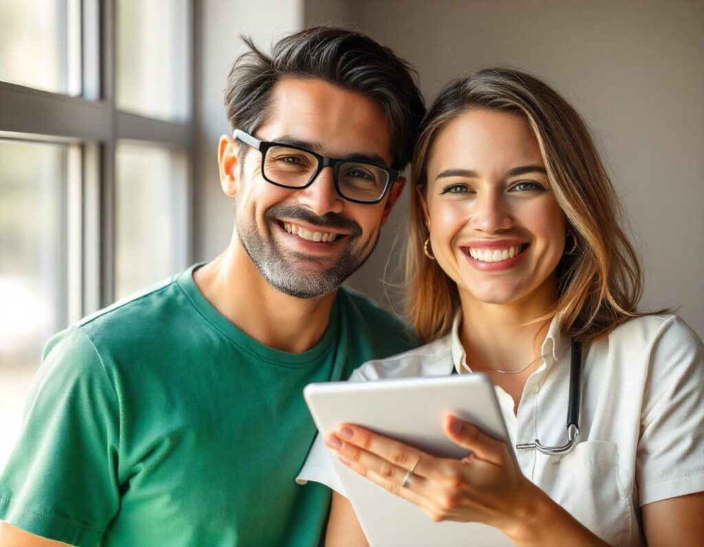 Happy Employee with a doctor and health benefits. Photo by Freepik.com