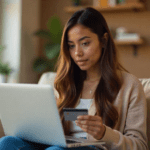 Woman on sofa purchasing online with a credit card.