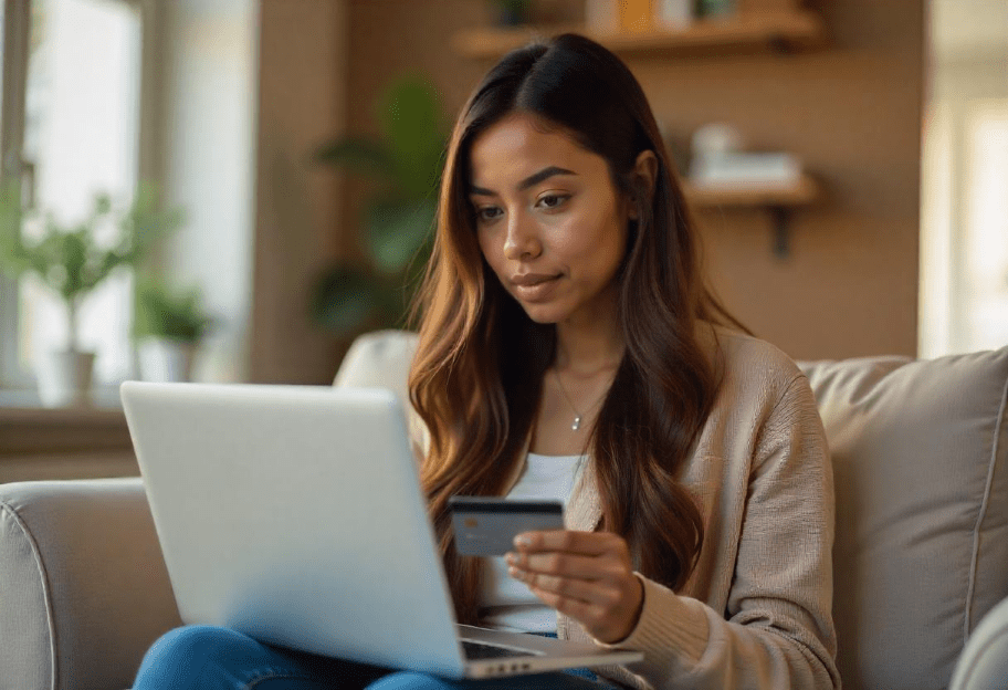 Woman on sofa purchasing online with a credit card.