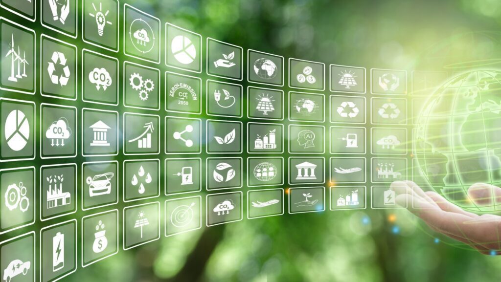 Illustration for environmental, business or green investment concepts. Virtual screen with icons on green background use for ads or web banners or whatever. Leave spaces to enter text.