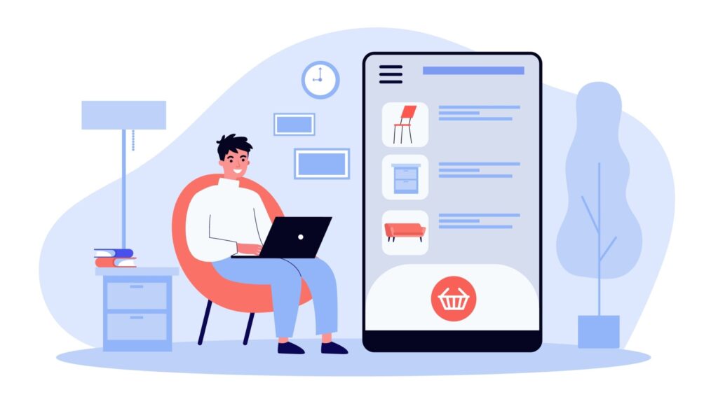 Happy guy choosing furniture in online store. Smartphone, laptop, home flat vector illustration. Vacation and digital technology concept for banner, website design or landing web page