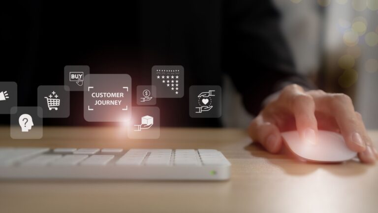 Customer journey concept. Customer behavior analysis, marketing strategy. Social media marketing, content marketing, purchase, storytelling, seo, awareness, advertise, online marketing. Sales funnel.