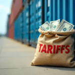 A burlap sack full of money sitting next to a shipping container. Created by Freepik.
