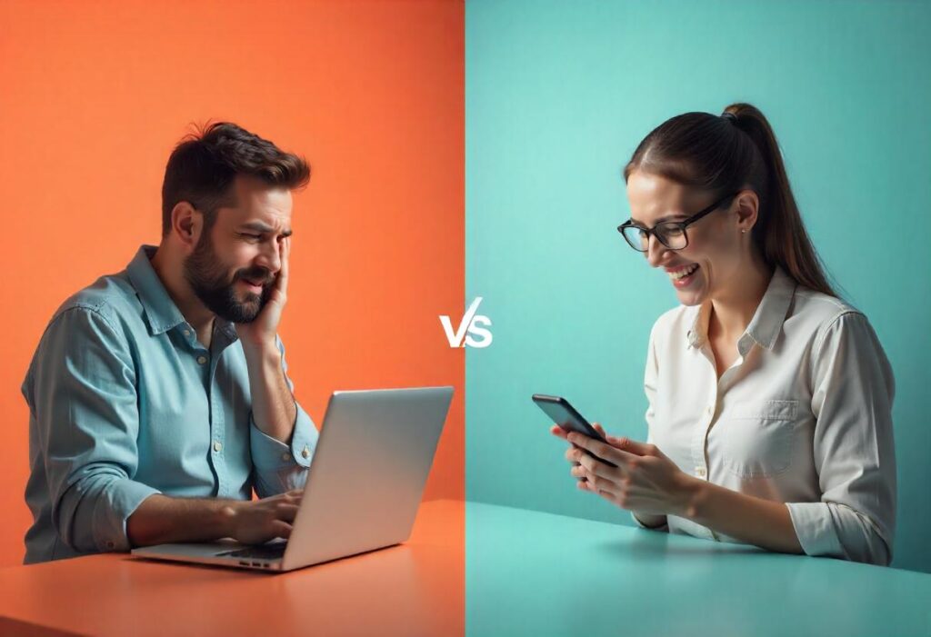 Frustrated online customer vs happy online customer. AI graphic by Freepik.com