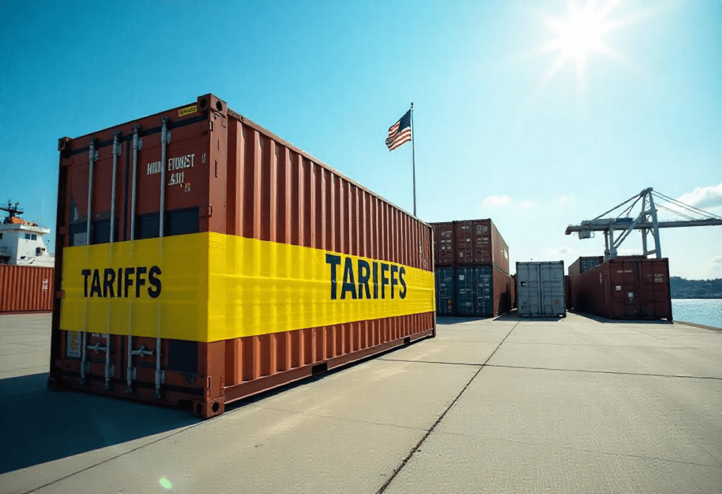Economic Tariffs Concept. America tariffs on EU. Crisis, Trade and economic war. Trade shipping containers in port with yellow tape tariffs