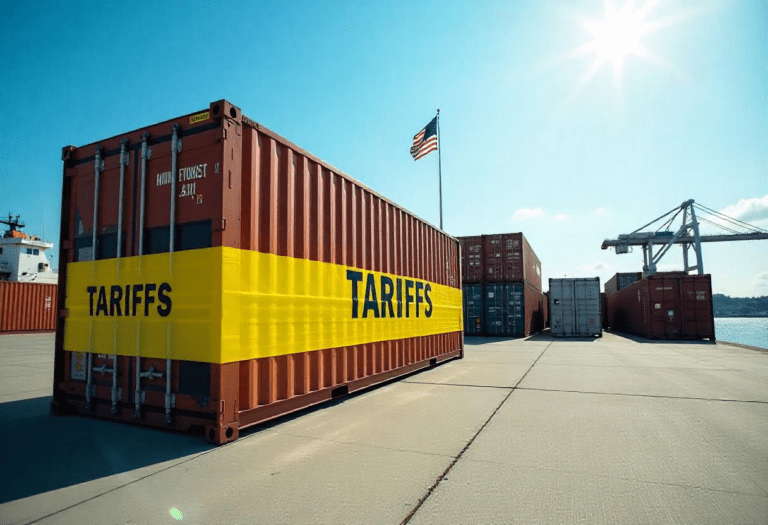 Economic Tariffs Concept. America tariffs on EU. Crisis, Trade and economic war. Trade shipping containers in port with yellow tape tariffs