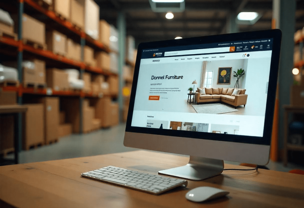 A computer displaying a furniture store website in the foreground and a furniture store warehouse in the background. Image generated by Freepik.com