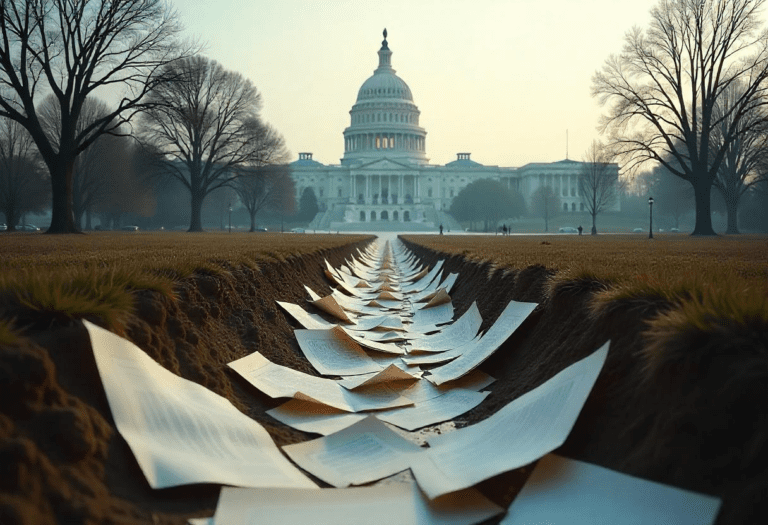 a trench filled with discarded government regulations going up to the US Capital Building. Picture created by Freepik.com