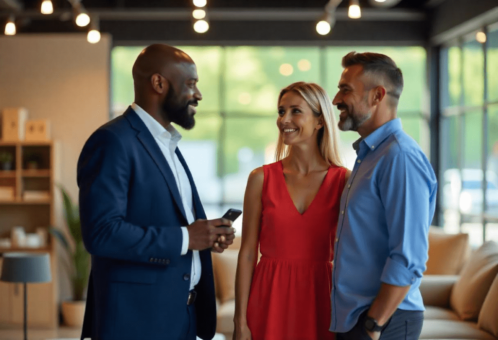 Sales Person talking to a couple in a furniture store. Created by Freepik.com
