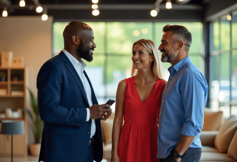 Sales Person talking to a couple in a furniture store. Created by Freepik.com