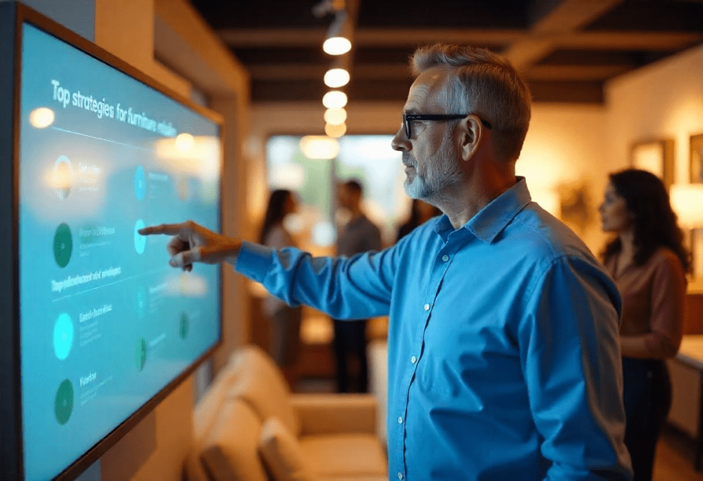 A brightly lit furniture store interior in summer, showcasing a modern living room setup. A Caucasian male retail manager in his 40s, wearing a blue button-down shirt and glasses, points to a digital display outlining 'Top strategies for furniture retailers' to a diverse group of employees. Make digital display in the foreground and people in the background