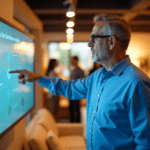 A brightly lit furniture store interior in summer, showcasing a modern living room setup. A Caucasian male retail manager in his 40s, wearing a blue button-down shirt and glasses, points to a digital display outlining 'Top strategies for furniture retailers' to a diverse group of employees. Make digital display in the foreground and people in the background