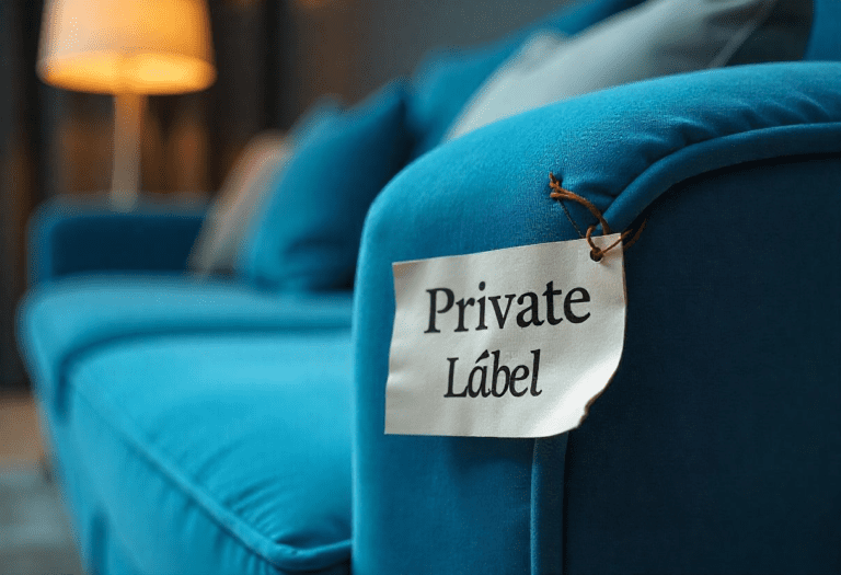 Blue sofa in a furniture store that has a private label attached. Created by Freepik.com