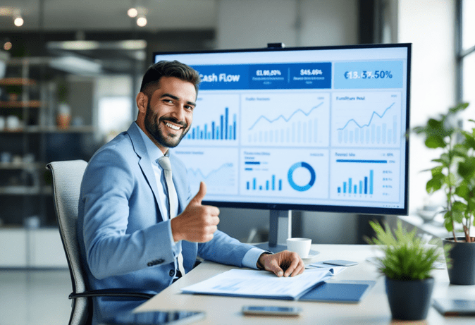 A business man working on business financials and is happy with a thumbs up.