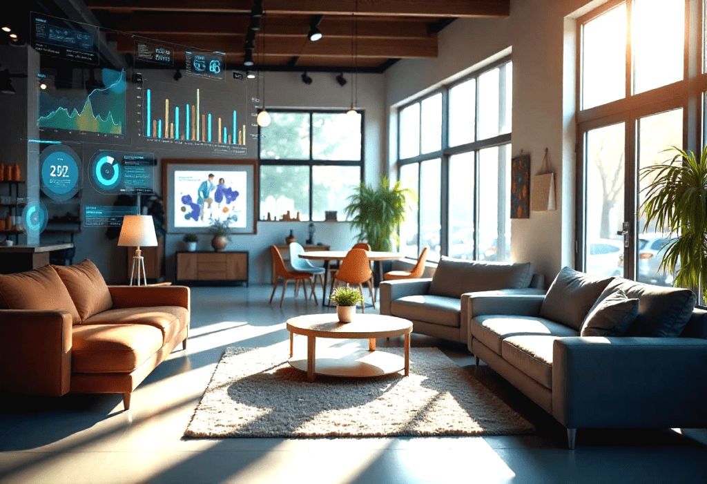 Data analytics super imposed over the inside of a furniture store.