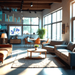 Data analytics super imposed over the inside of a furniture store.